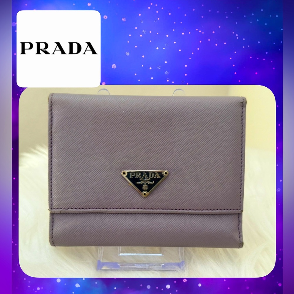 PRADA Logo Plate Saffiano Leather Trifold Purple Wallet